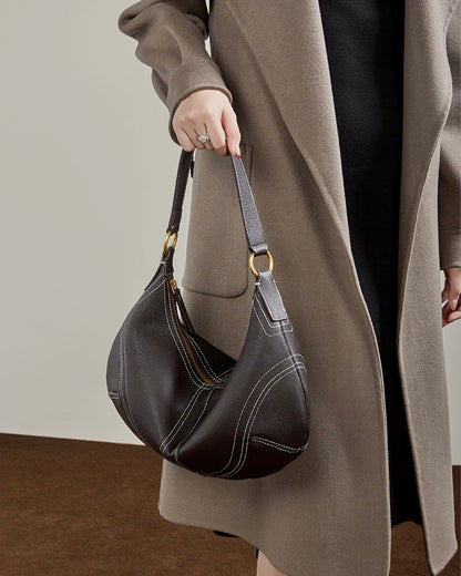 Contrast Stitch Half-Moon Genuine Leather Bag - Versatile 2-Way Carry Hobo