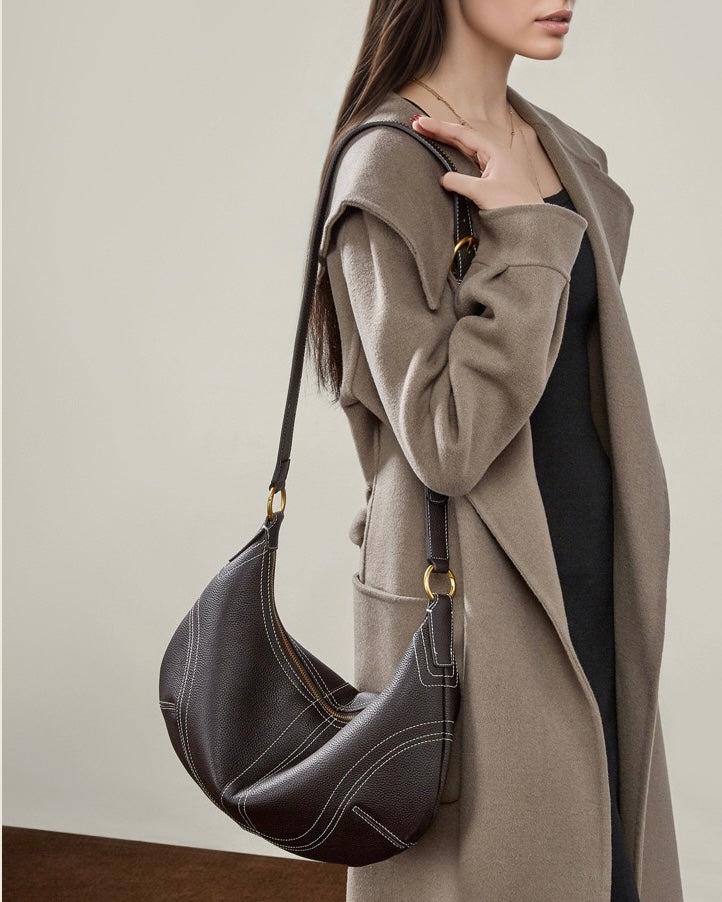 Contrast Stitch Half-Moon Genuine Leather Bag - Versatile 2-Way Carry Hobo