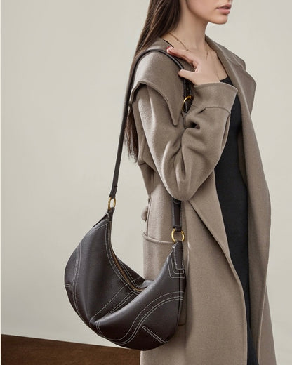 Contrast Stitch Half-Moon Genuine Leather Bag - Versatile 2-Way Carry Hobo