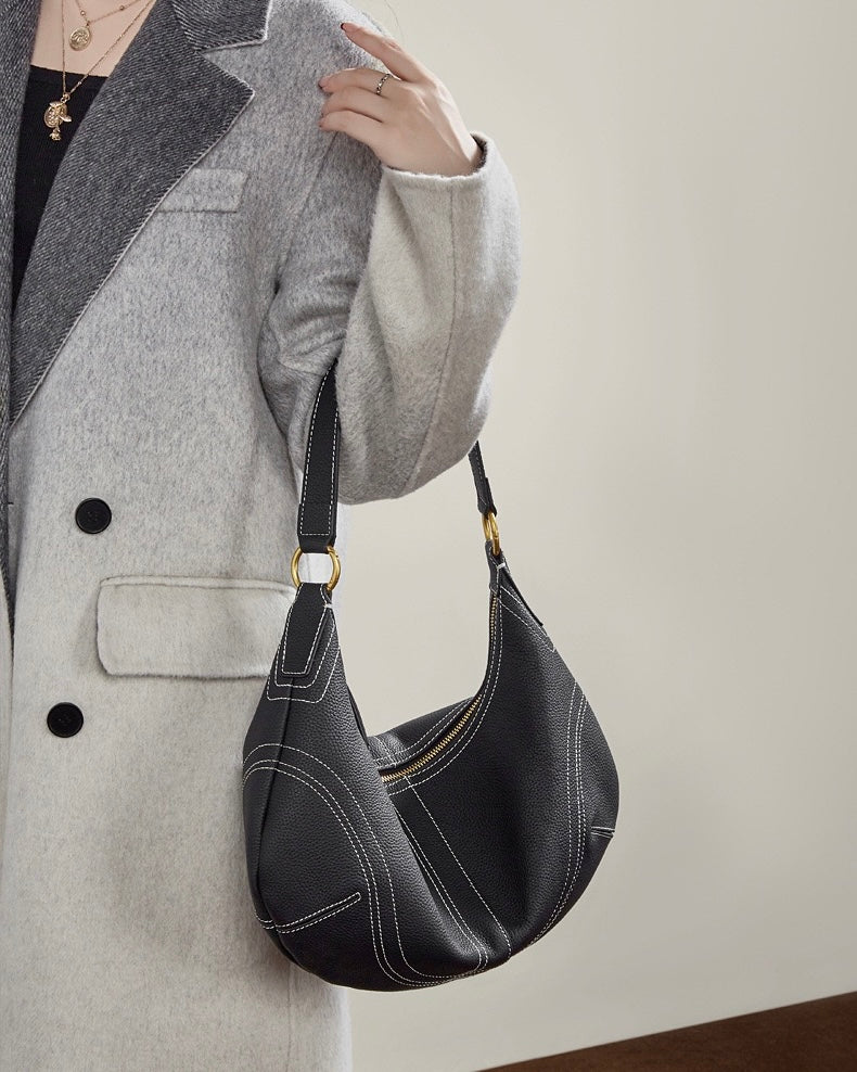 Contrast Stitch Half-Moon Genuine Leather Bag - Versatile 2-Way Carry Hobo