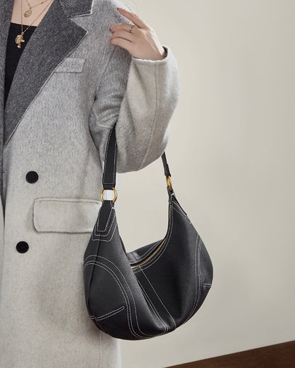 Contrast Stitch Half-Moon Genuine Leather Bag - Versatile 2-Way Carry Hobo