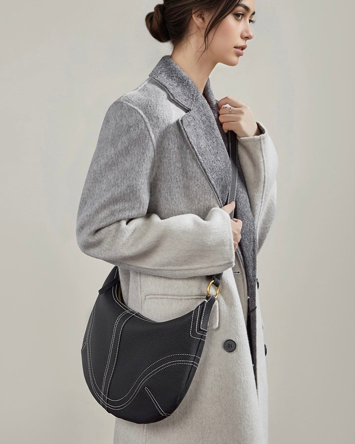 Contrast Stitch Half-Moon Genuine Leather Bag - Versatile 2-Way Carry Hobo