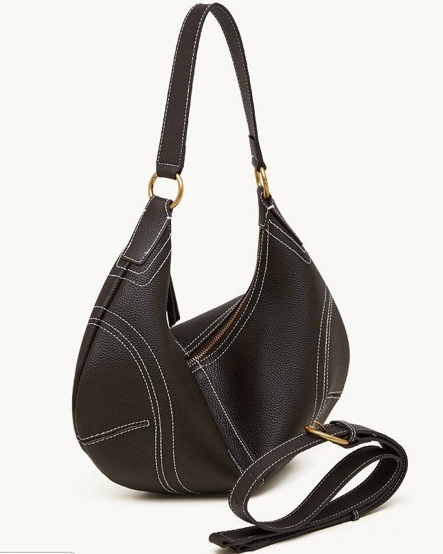 Contrast Stitch Half-Moon Genuine Leather Bag - Versatile 2-Way Carry Hobo