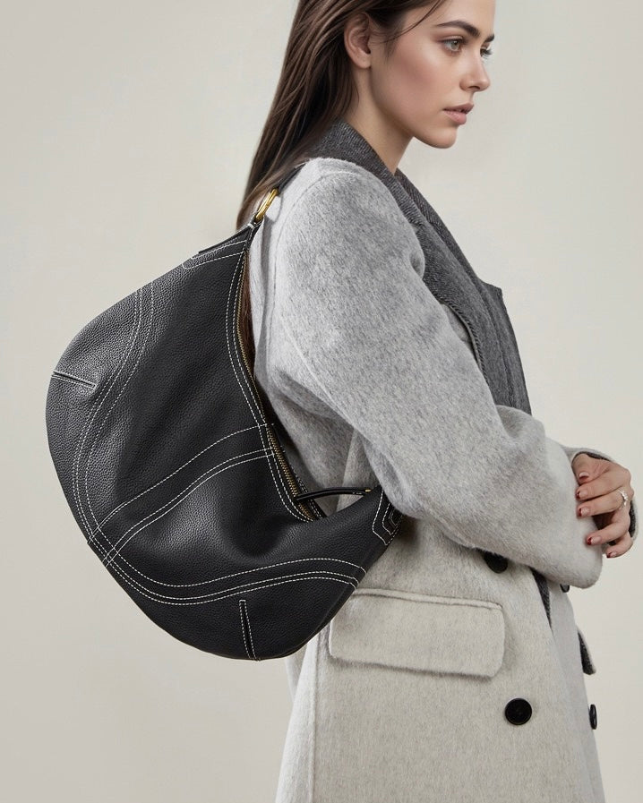 Contrast Stitch Half-Moon Genuine Leather Bag - Versatile 2-Way Carry Hobo