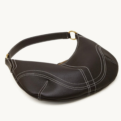 Contrast Stitch Half-Moon Genuine Leather Bag - Versatile 2-Way Carry Hobo