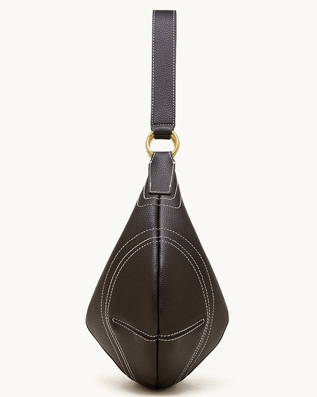 Contrast Stitch Half-Moon Genuine Leather Bag - Versatile 2-Way Carry Hobo