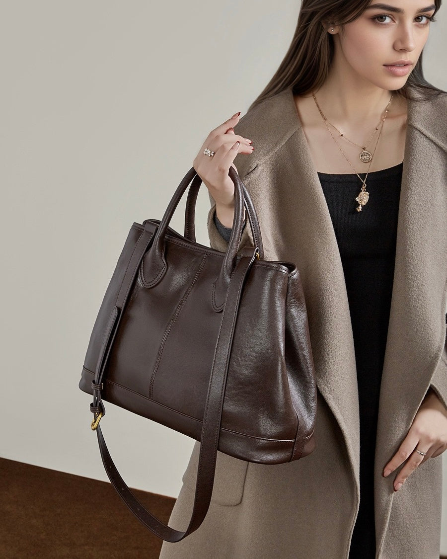 Vintage Genuine Leather Bag with Versatile 2-Way Carry - Classic Work Satchel