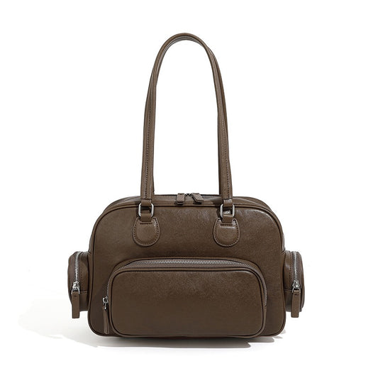 Vintage Bowling-Handtasche aus echtem Leder mit Seitentaschen