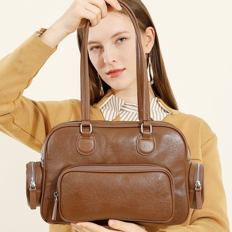 Vintage Genuine Leather Bowling Handbag with Side Pockets