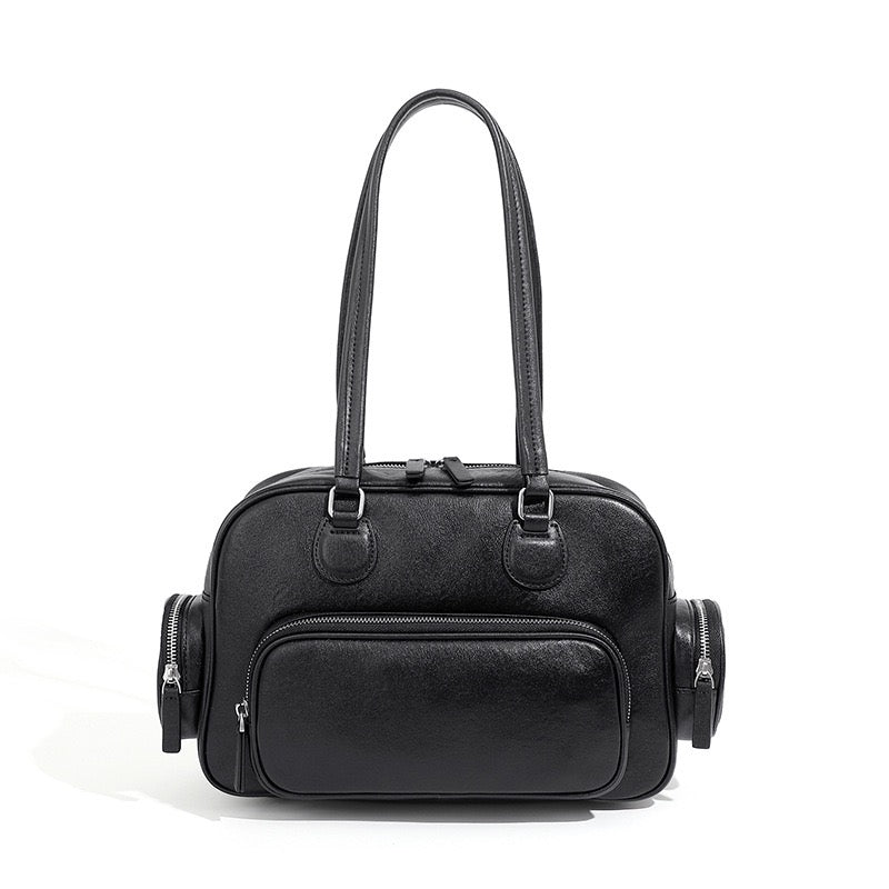 Vintage Genuine Leather Bowling Handbag with Side Pockets