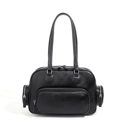 Vintage Genuine Leather Bowling Handbag with Side Pockets