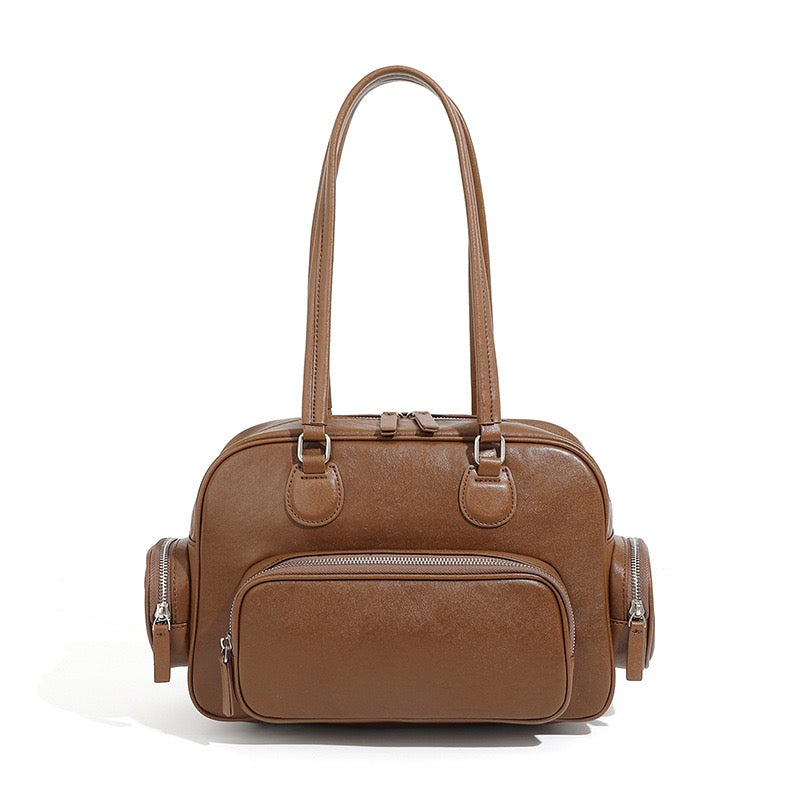 Vintage Genuine Leather Bowling Handbag with Side Pockets