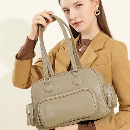 Vintage Genuine Leather Bowling Handbag with Side Pockets