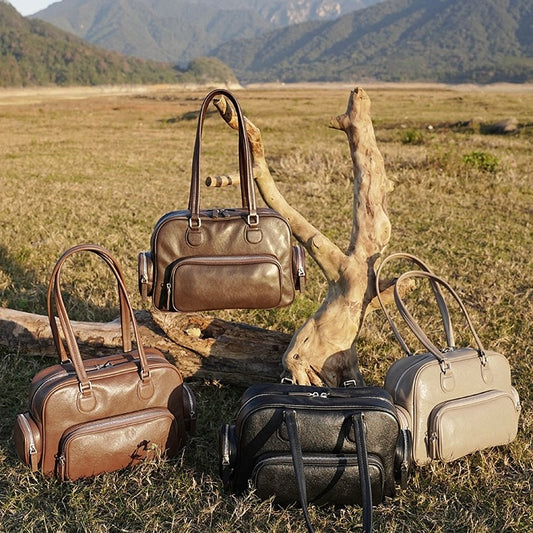 Vintage Bowling-Handtasche aus echtem Leder mit Seitentaschen