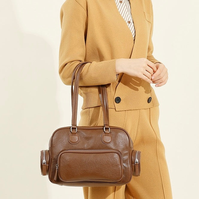 Vintage Genuine Leather Bowling Handbag with Side Pockets