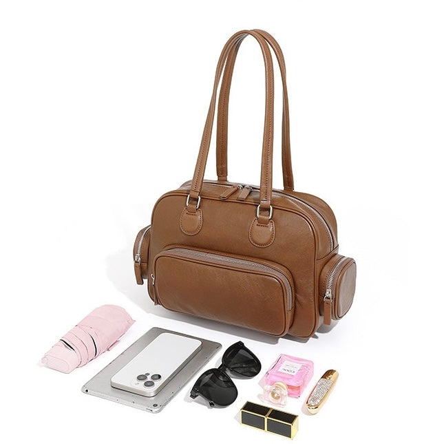 Vintage Genuine Leather Bowling Handbag with Side Pockets