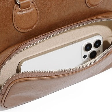 Vintage Genuine Leather Bowling Handbag with Side Pockets