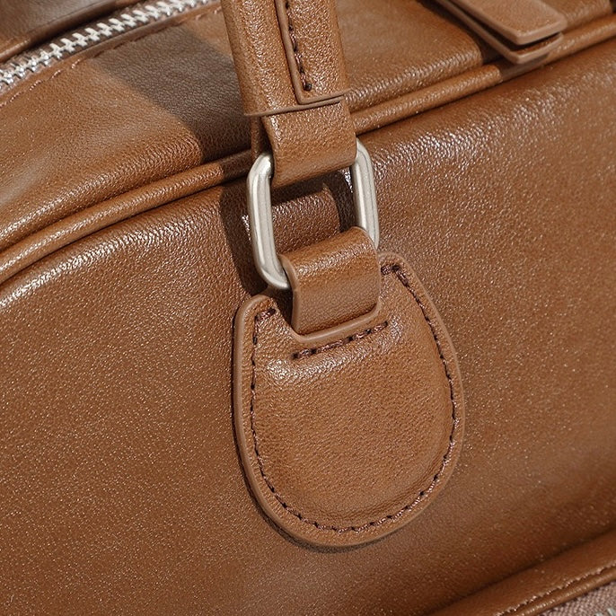 Vintage Genuine Leather Bowling Handbag with Side Pockets