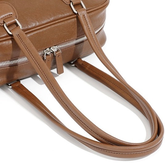 Vintage Genuine Leather Bowling Handbag with Side Pockets