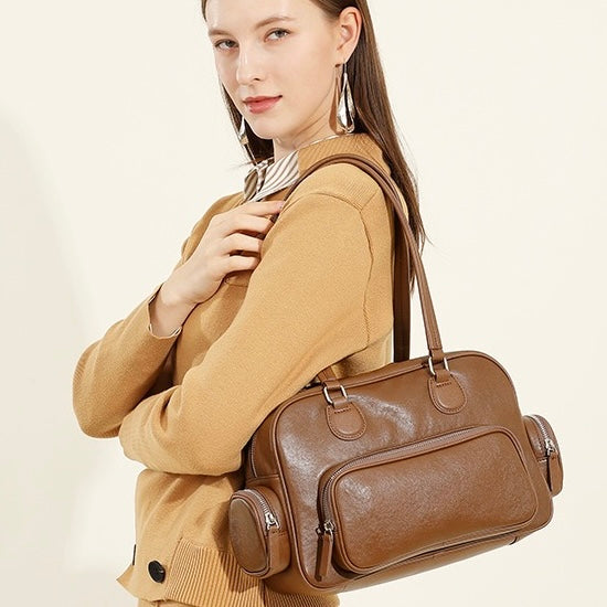 Vintage Genuine Leather Bowling Handbag with Side Pockets