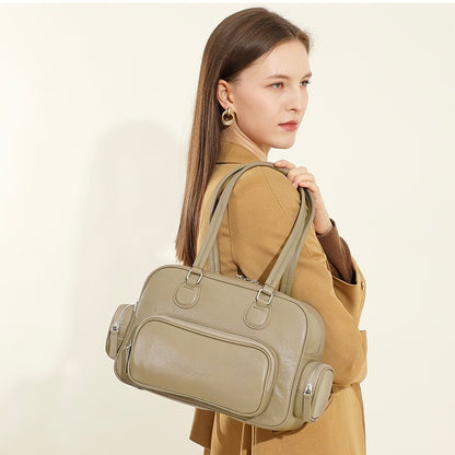 Vintage Genuine Leather Bowling Handbag with Side Pockets