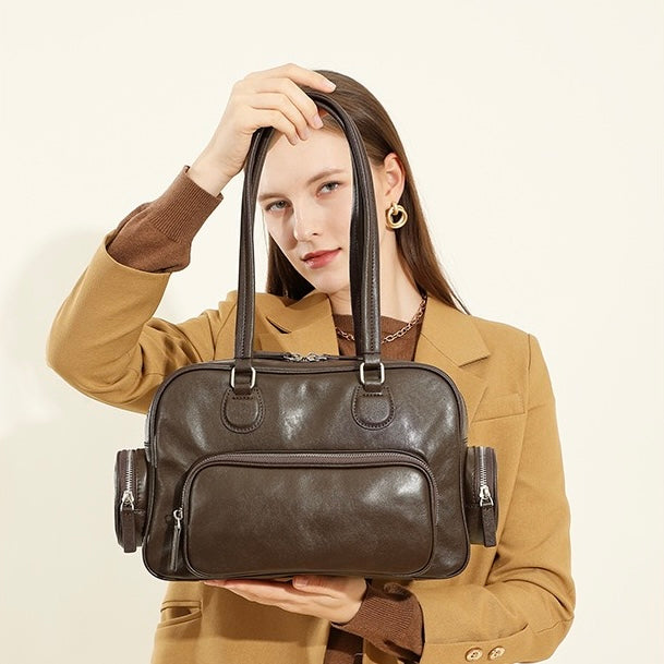 Vintage Genuine Leather Bowling Handbag with Side Pockets