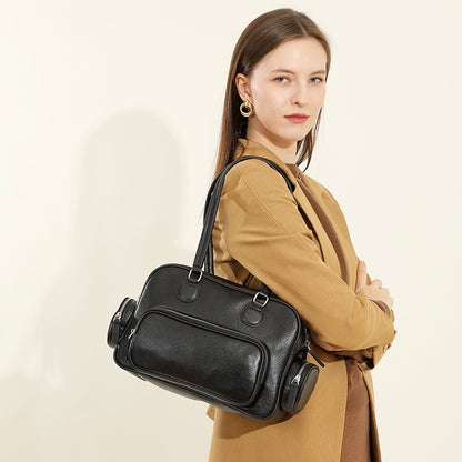 Vintage Genuine Leather Bowling Handbag with Side Pockets