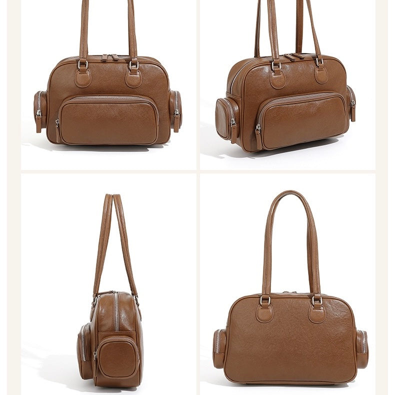 Vintage Genuine Leather Bowling Handbag with Side Pockets