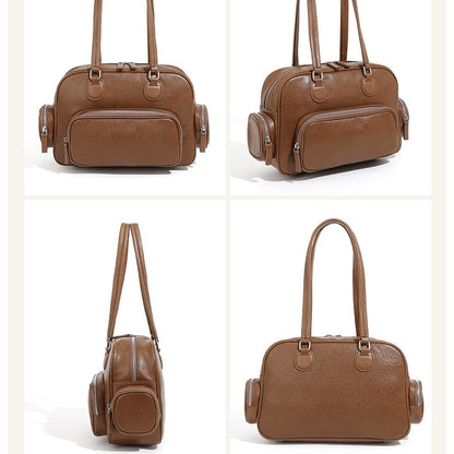 Vintage Genuine Leather Bowling Handbag with Side Pockets