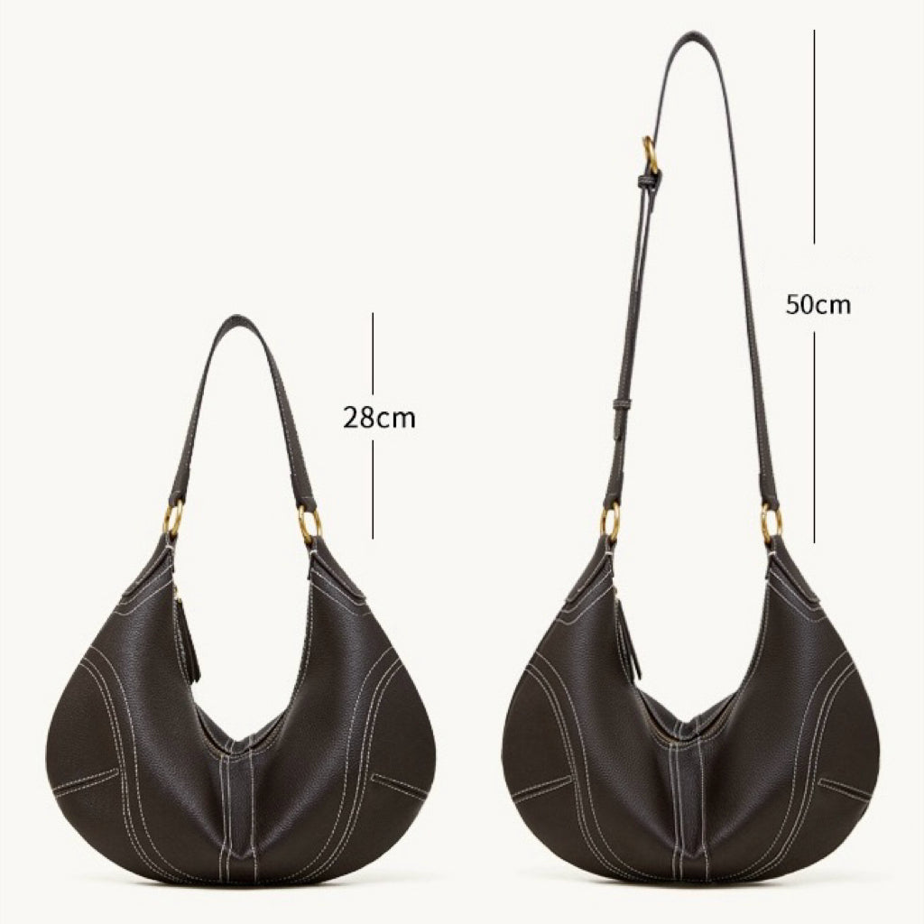 Contrast Stitch Half-Moon Genuine Leather Bag - Versatile 2-Way Carry Hobo