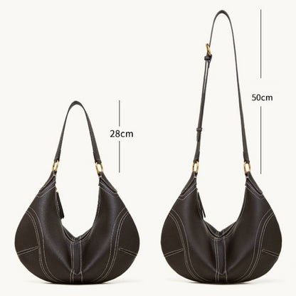 Contrast Stitch Half-Moon Genuine Leather Bag - Versatile 2-Way Carry Hobo