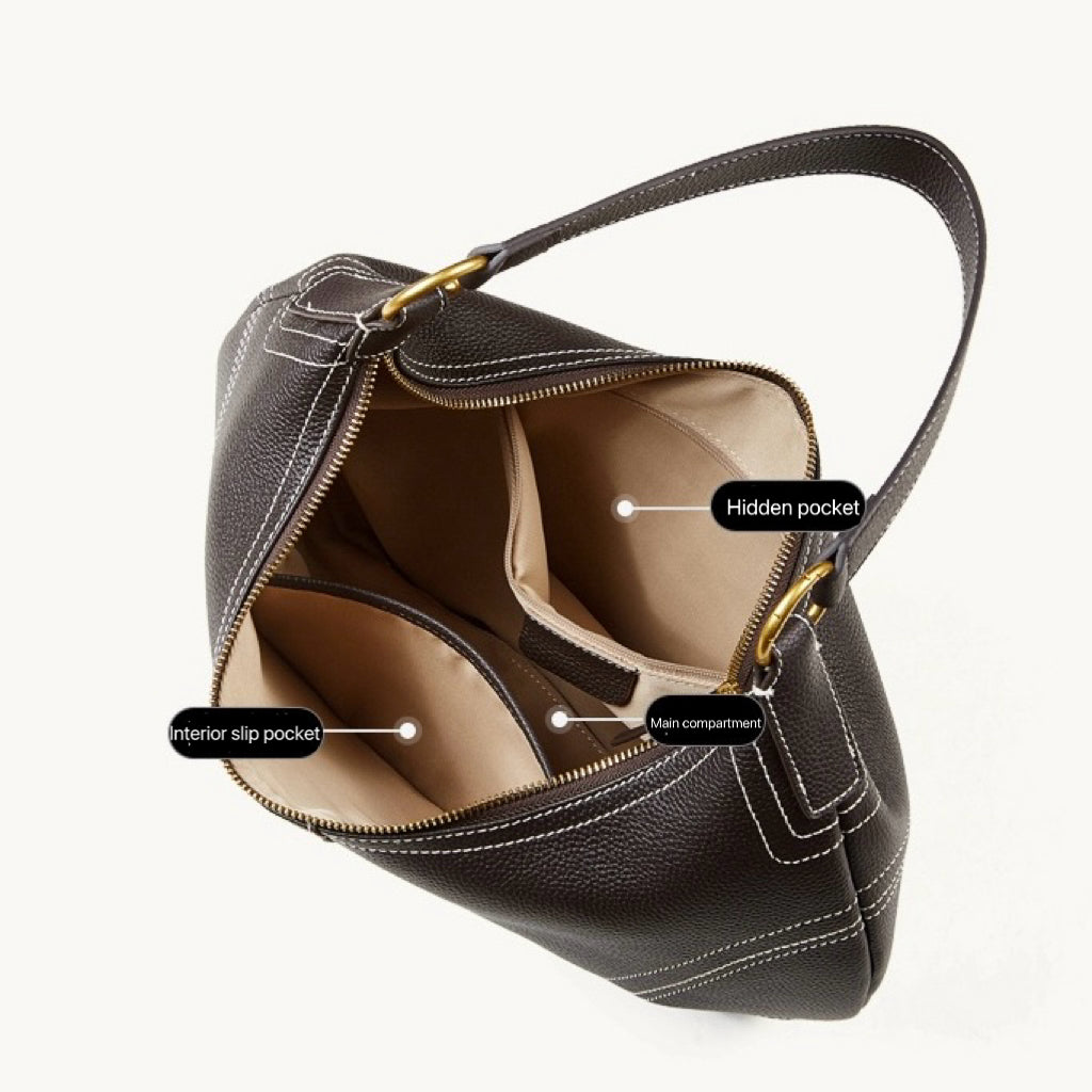 Contrast Stitch Half-Moon Genuine Leather Bag - Versatile 2-Way Carry Hobo