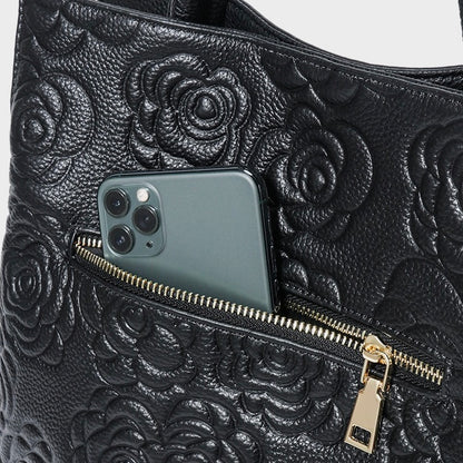 Genuine Leather Rose Embossed Tote Bag With Detachable Strap