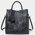 Genuine Leather Rose Embossed Tote Bag With Detachable Strap