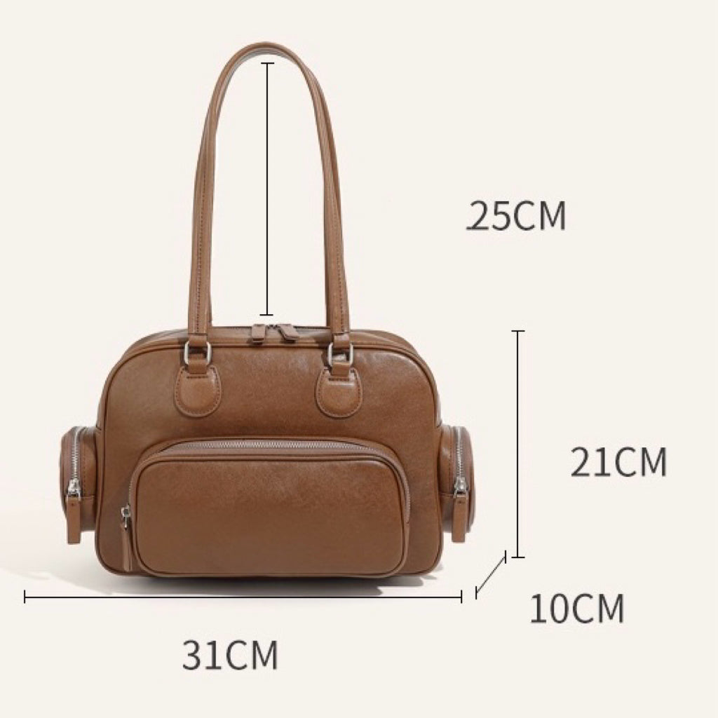 Vintage Genuine Leather Bowling Handbag with Side Pockets