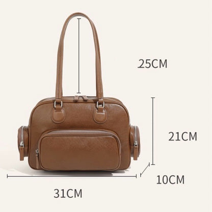 Vintage Genuine Leather Bowling Handbag with Side Pockets