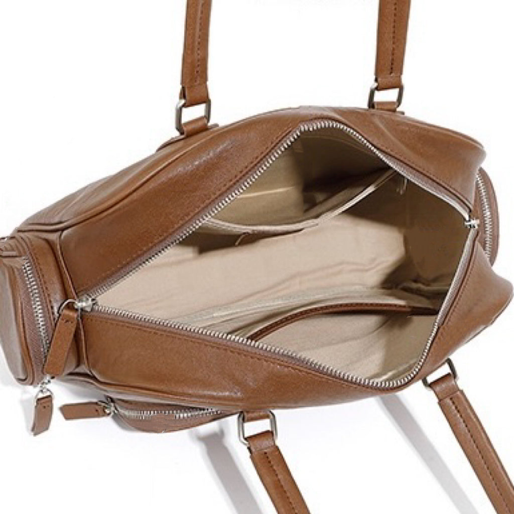 Vintage Genuine Leather Bowling Handbag with Side Pockets