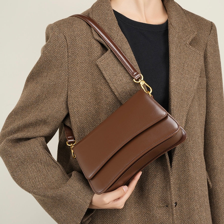 Women’s Genuine Leather Multifunctional Baguette Shoulder Bag with French Chic