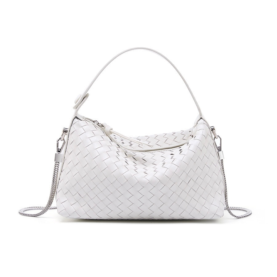 Women’s Genuine Sheepskin Leather Woven Dumpling Clutch Bag with Chain Strap