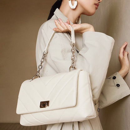 Chain-Embellished V-Quilted Genuine Leather Shoulder Bag