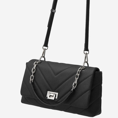 Chain-Embellished V-Quilted Genuine Leather Shoulder Bag