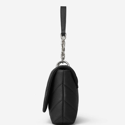Chain-Embellished V-Quilted Genuine Leather Shoulder Bag