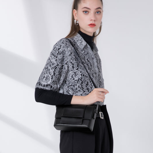 Women’s Genuine Leather Woven Box Crossbody Shoulder Bag in Minimalist Style