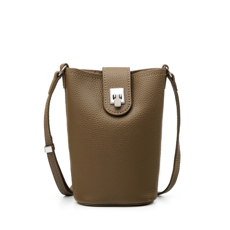 Women's Genuine Leather Vertical Drawstring Bucket Phone Bag
