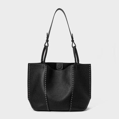 Contrast-Stitch Textured Genuine Leather Tote Bag