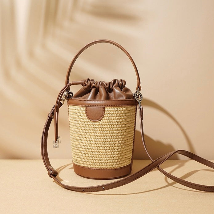 Luxury Women's Lambskin Woven Crossbody Handheld Barrel Bag for Beach Vacation