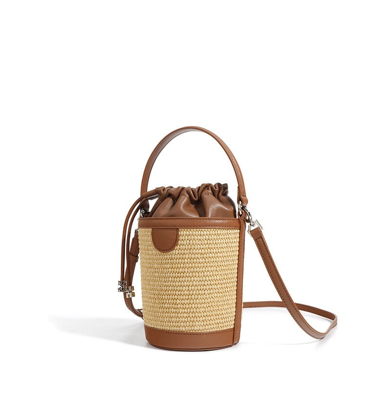 Luxury Women's Lambskin Woven Crossbody Handheld Barrel Bag for Beach Vacation