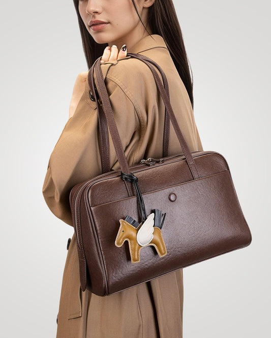 Elegant Minimalist Genuine Leather Bag - Vintage Boston Shoulder Tote with Charm