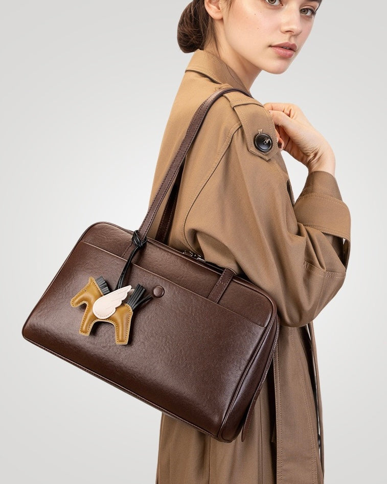 Elegant Minimalist Genuine Leather Bag - Vintage Boston Shoulder Tote with Charm