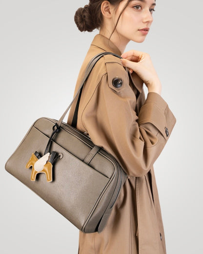 Elegant Minimalist Genuine Leather Bag - Vintage Boston Shoulder Tote with Charm